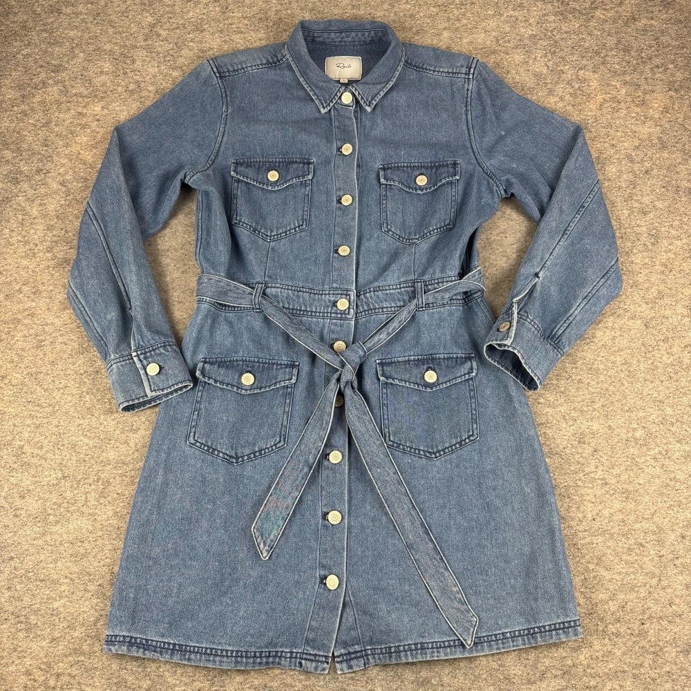 Rails Ciara Sorrento Wash Dress Belted Pockets Denim Blue Womens Large L